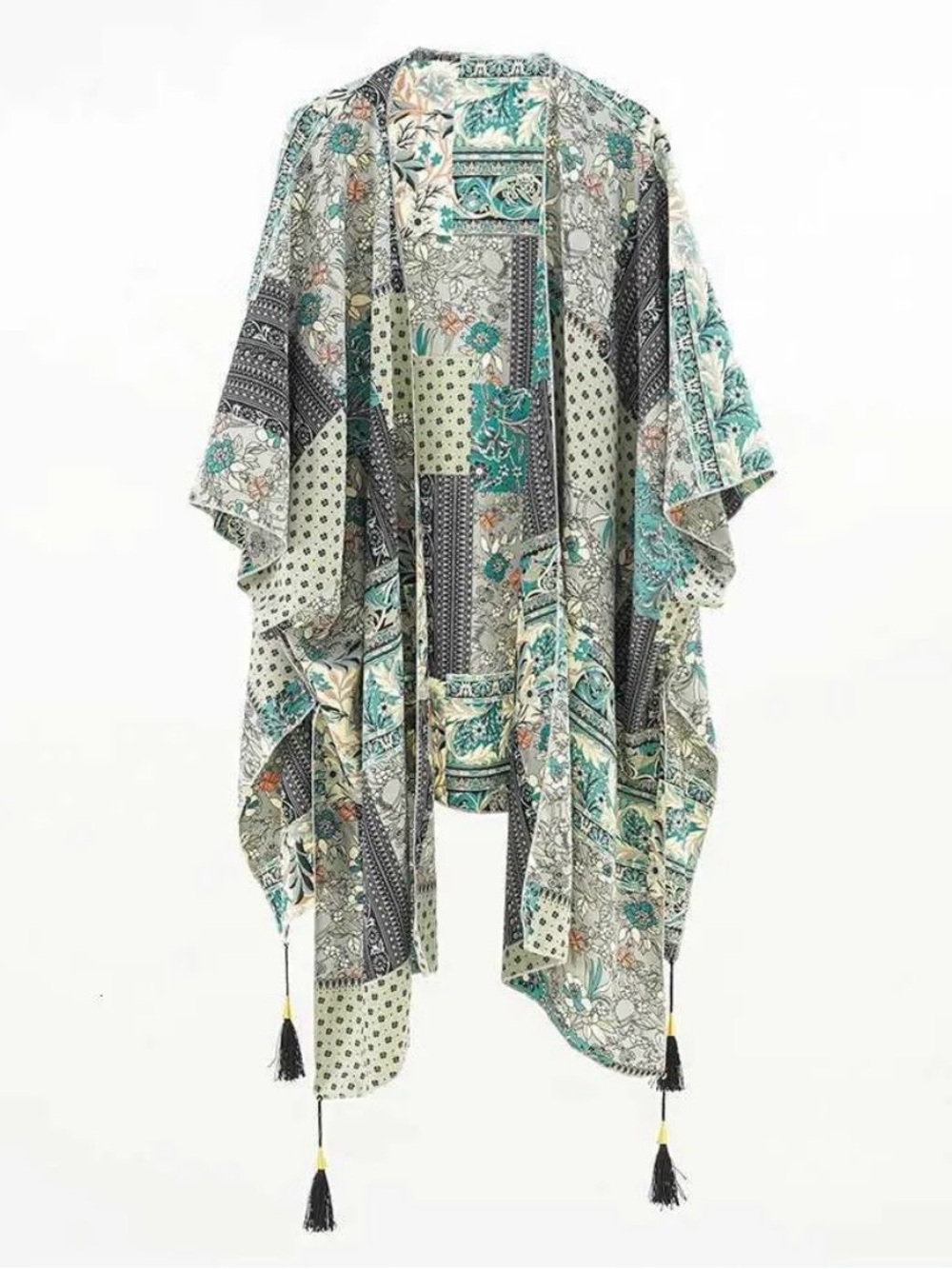 Boho Patchwork Floral Kimono Wrap in Green, Black, Cream